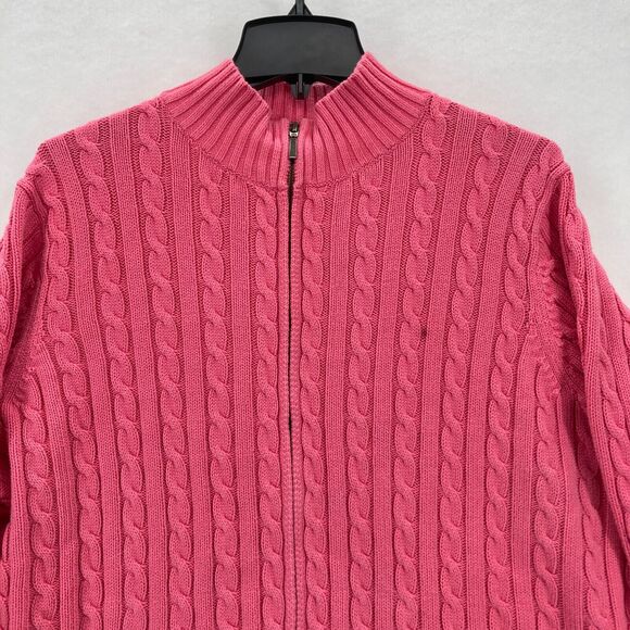 L.L. Bean Chunky Cable Knit Full Zip Sweater Women's 2X Pink Mock Neck Preppy - Picture 2 of 12